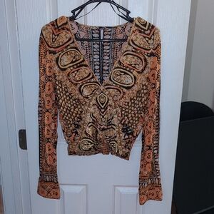 Free People Gold,Orange, and Black Patterned V-Neck Blouse